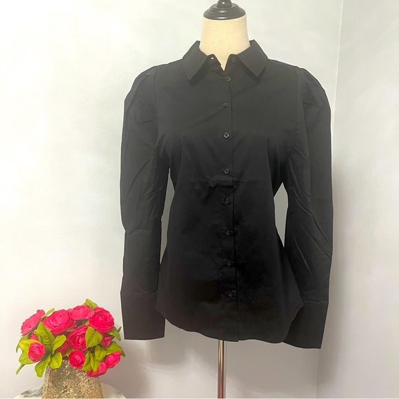 RACHEL ZOE Black Poplin Poof Sleeve Button Down Shirt - Size M - NWT- Reemoly - Picture 3 of 14